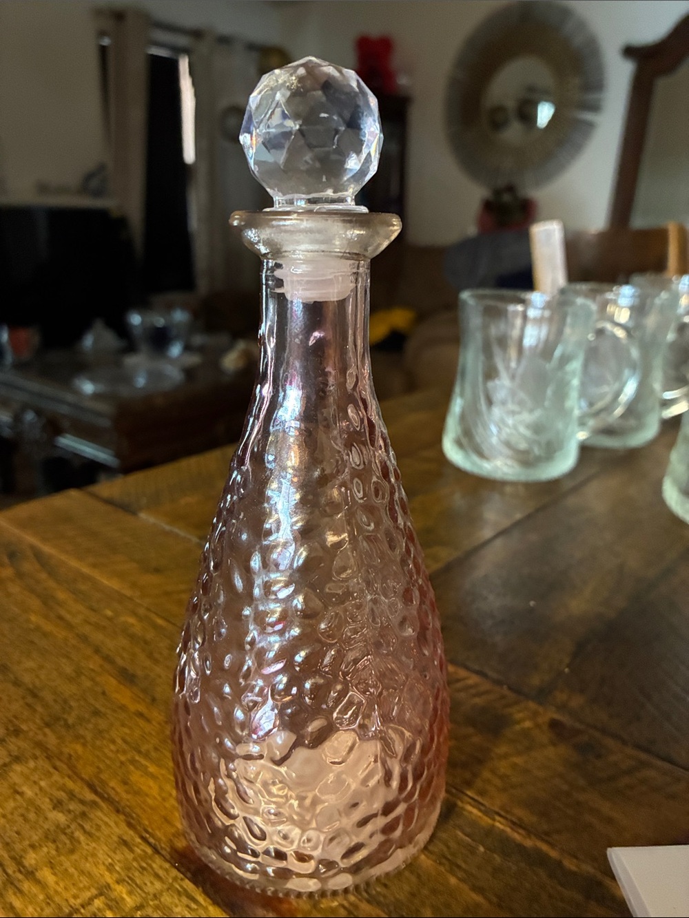 Decorative Pink Glass Decanter with Faceted Stopper